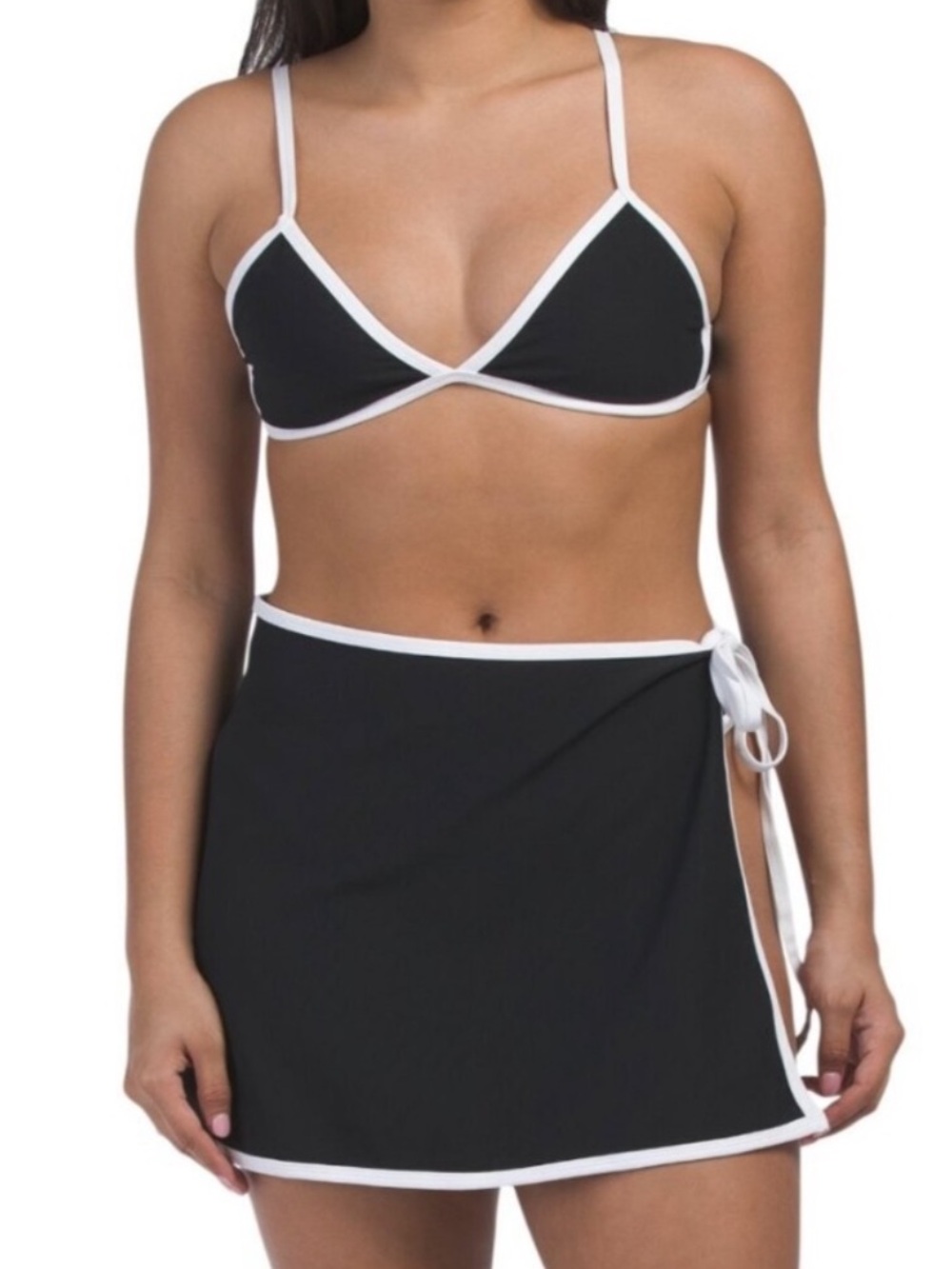Black & White Contrast Triangle Bikini Set with Wrap Skirt - Picture 2 of 10